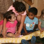 Group of toddlers petting a yellow snake